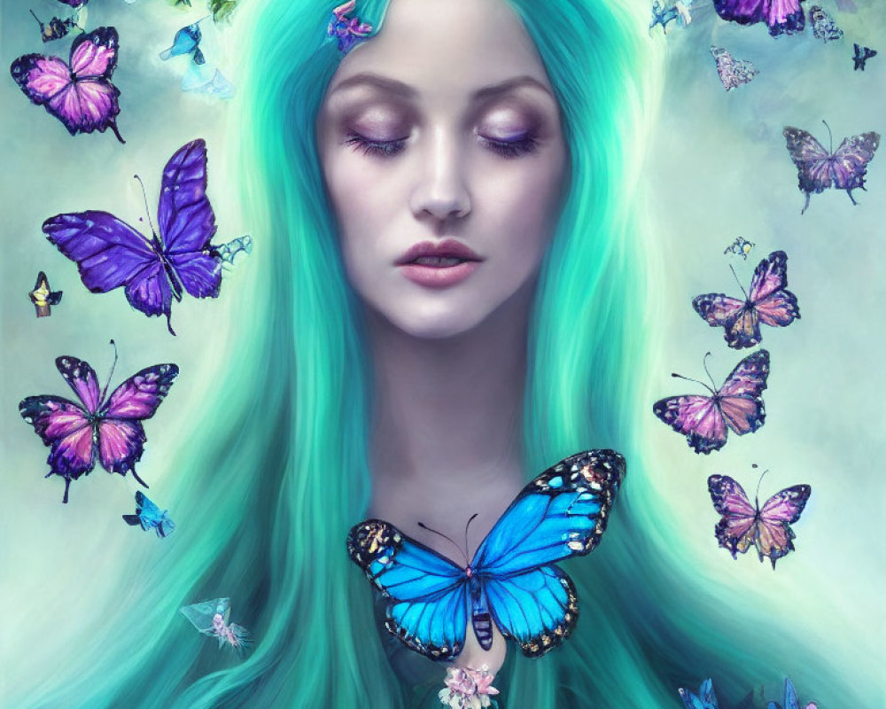 Woman with Turquoise Hair and Butterflies on Dreamy Background