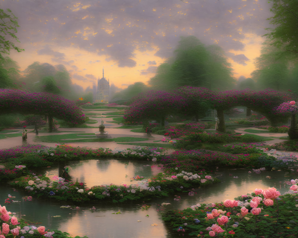 Serene sunset garden with flowering arches, pond, pink blossoms, golden sky