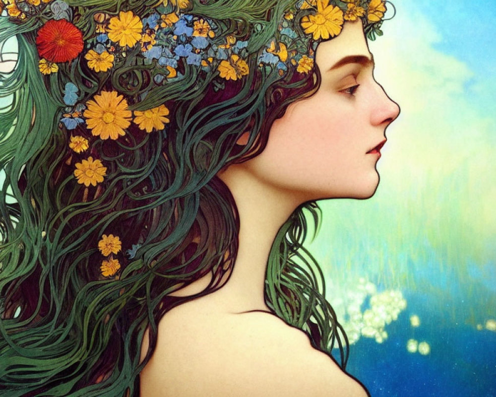 Woman with Long, Wavy Green Hair and Floral Crown on Blue Background