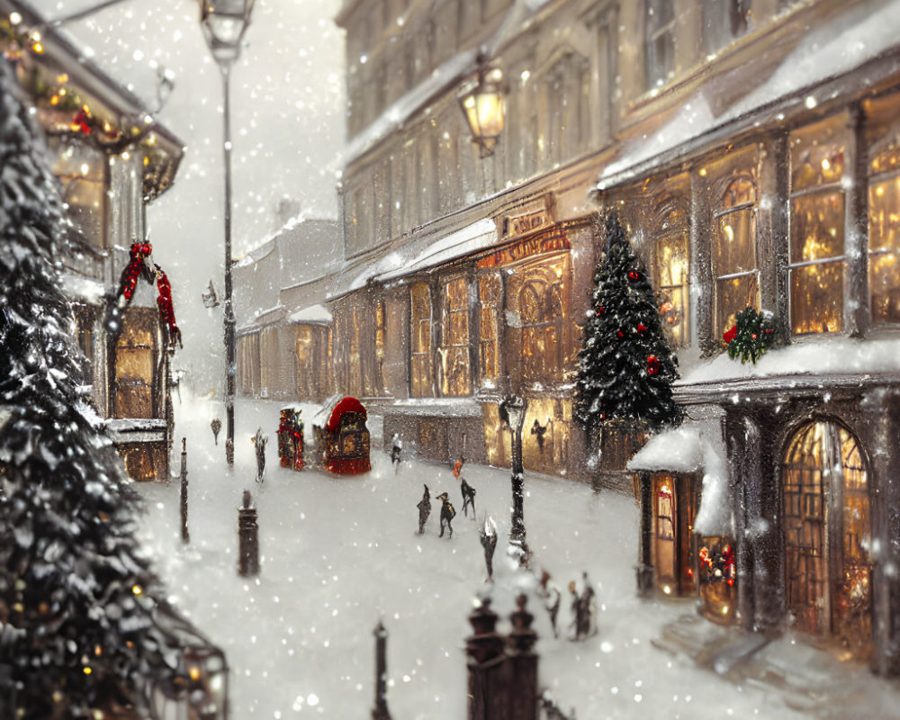 Winter Scene: Snowy Street with Festive Decorations and Illuminated Shop Windows