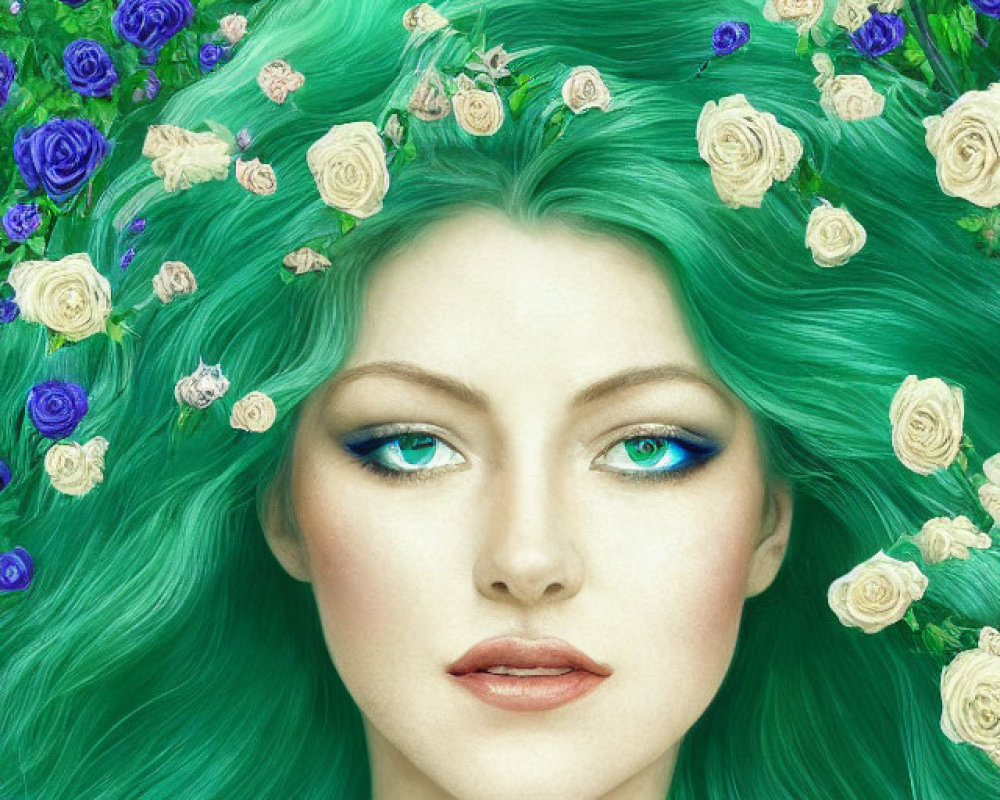 Fantastical portrait of a woman with blue eyes and green hair among blue and white roses.