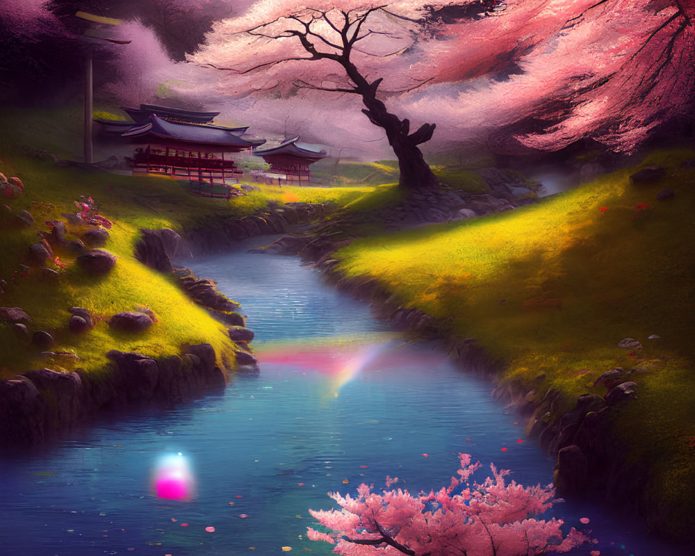 Tranquil Japanese landscape with cherry blossoms, temple, and rainbow