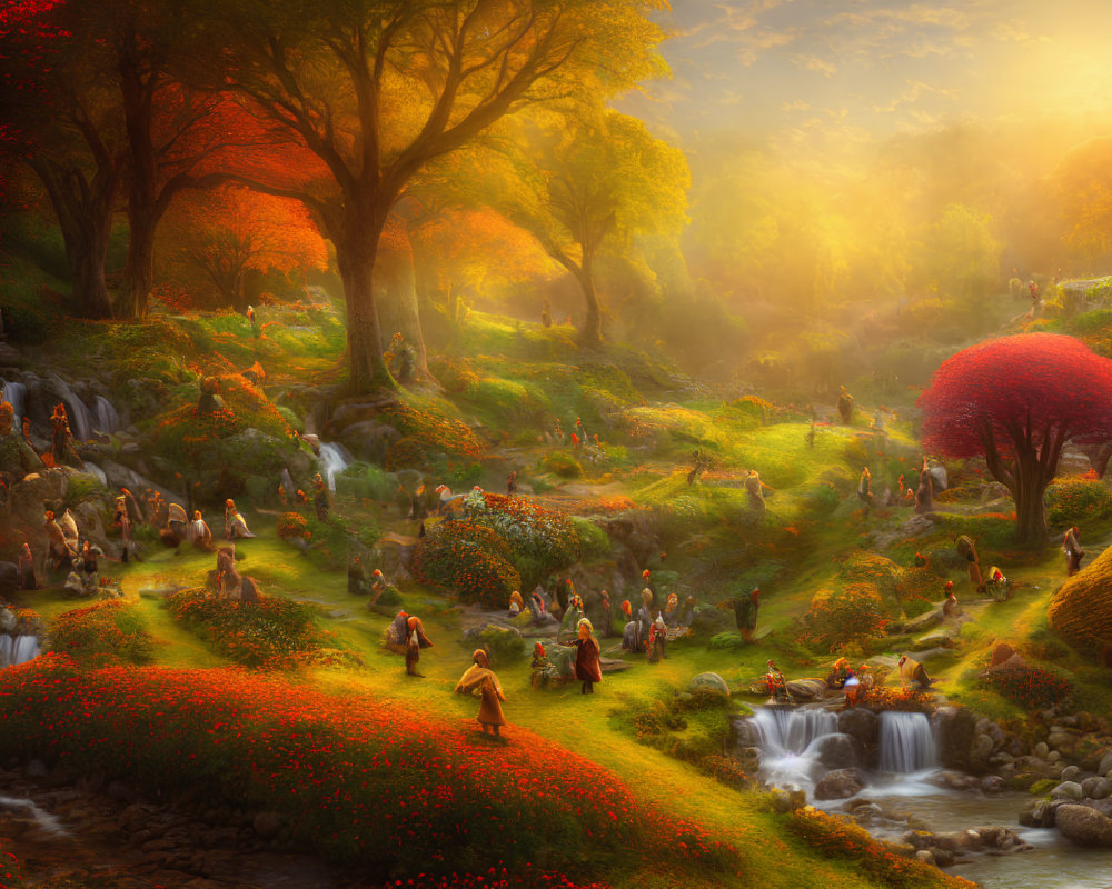 Vibrant autumn landscape with people, trees, streams, and sunlight