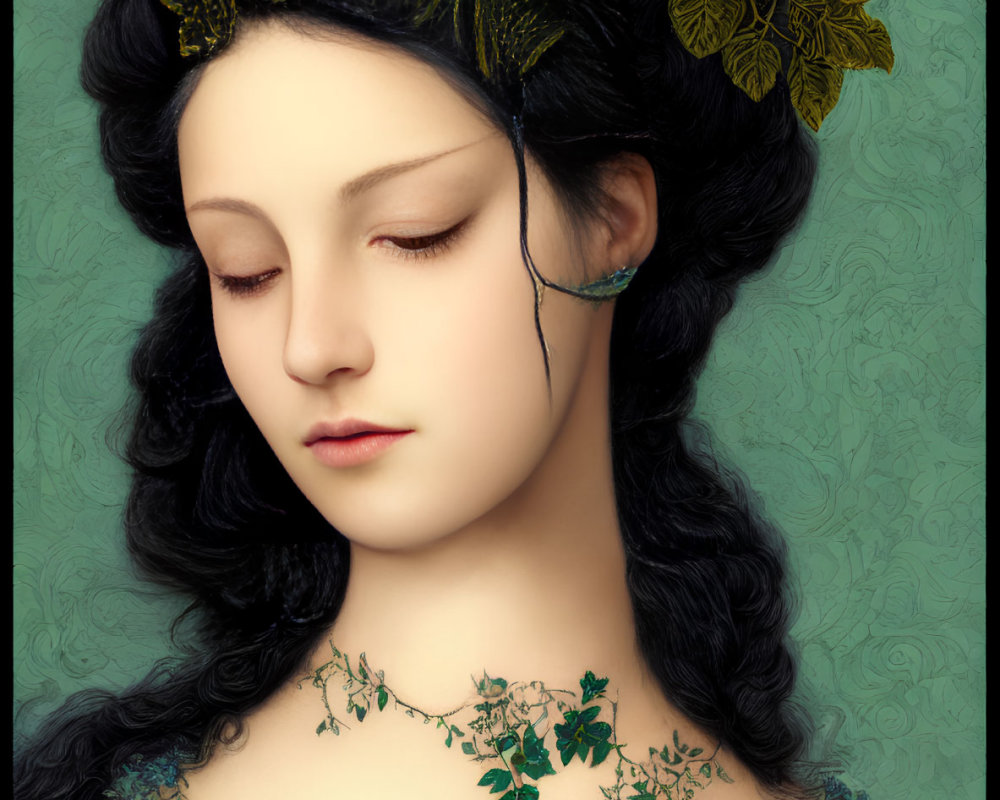 Woman with Floral Wreath and Ivy Necklace on Green Background