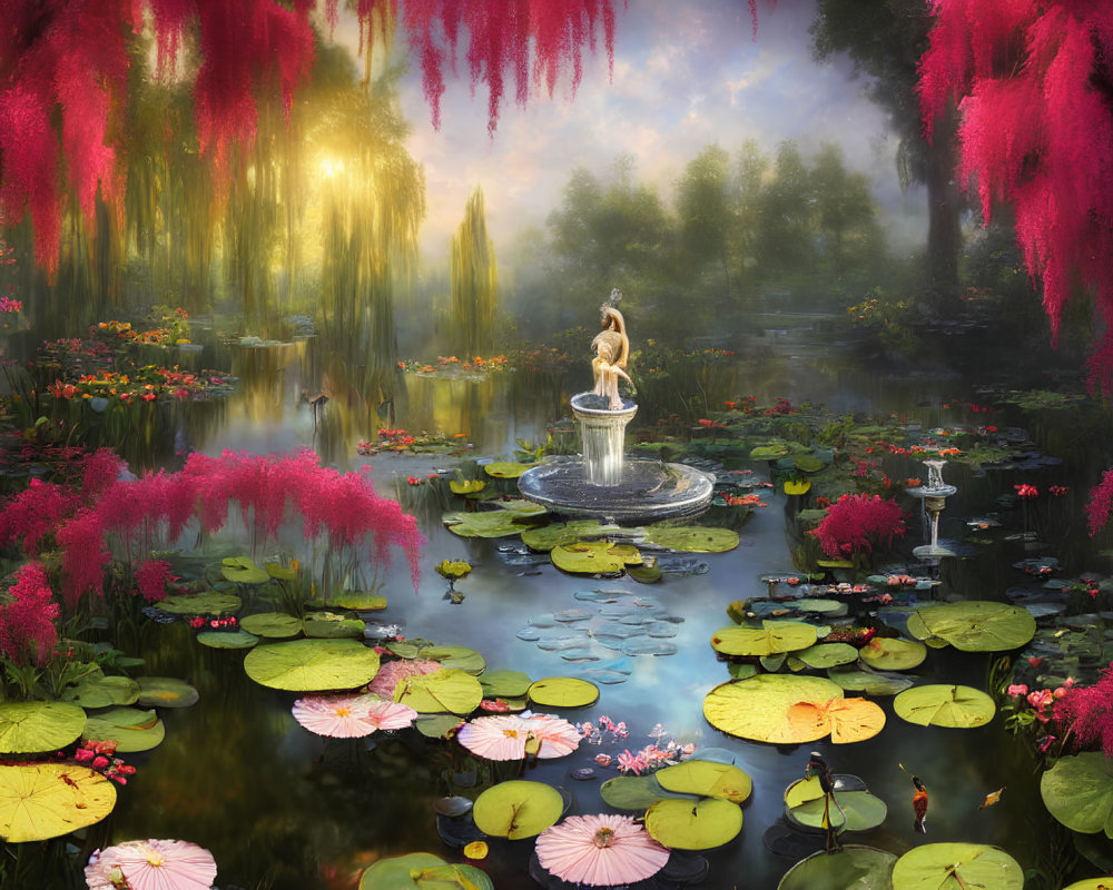 Tranquil pond with lily pads, pink flowers, trees, and fountain