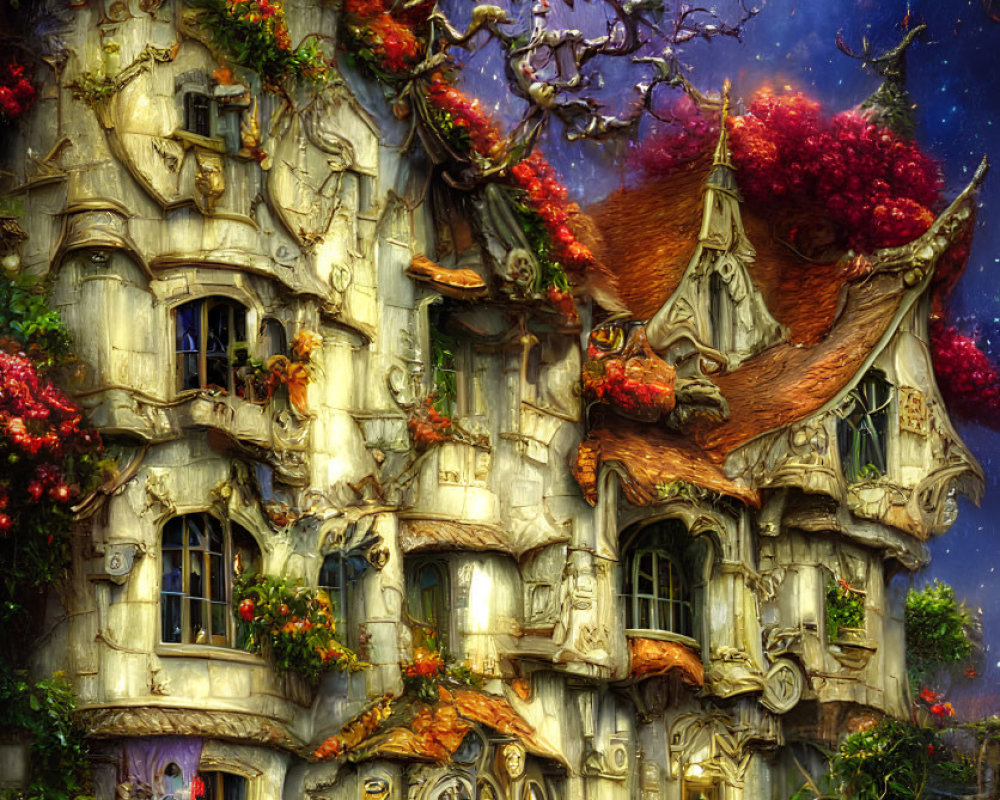 Enchanting multi-story fantasy cottage with vibrant flowers and glowing windows at twilight