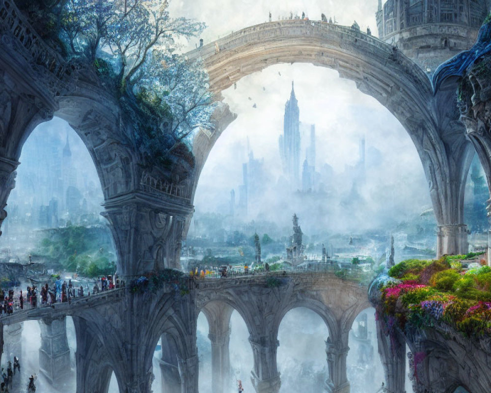 Fantasy city with ornate stone arches, bustling streets, greenery, and mist-shrou