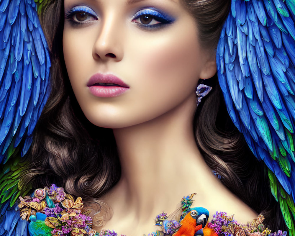 Woman with Blue and Green Bird Features and Floral Crown