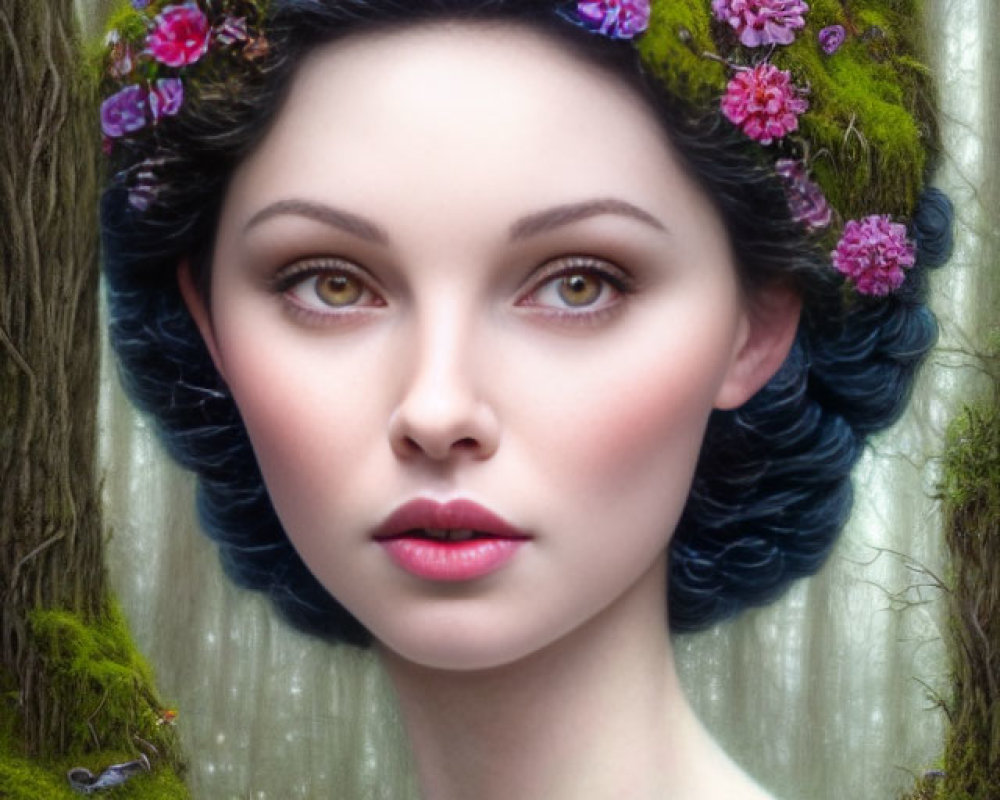 Woman with floral and moss headdress in forest - ethereal beauty, striking eyes, rosy cheeks