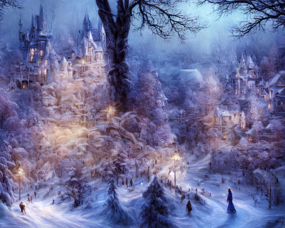 Snow-covered winter village with glowing lights and castle at twilight