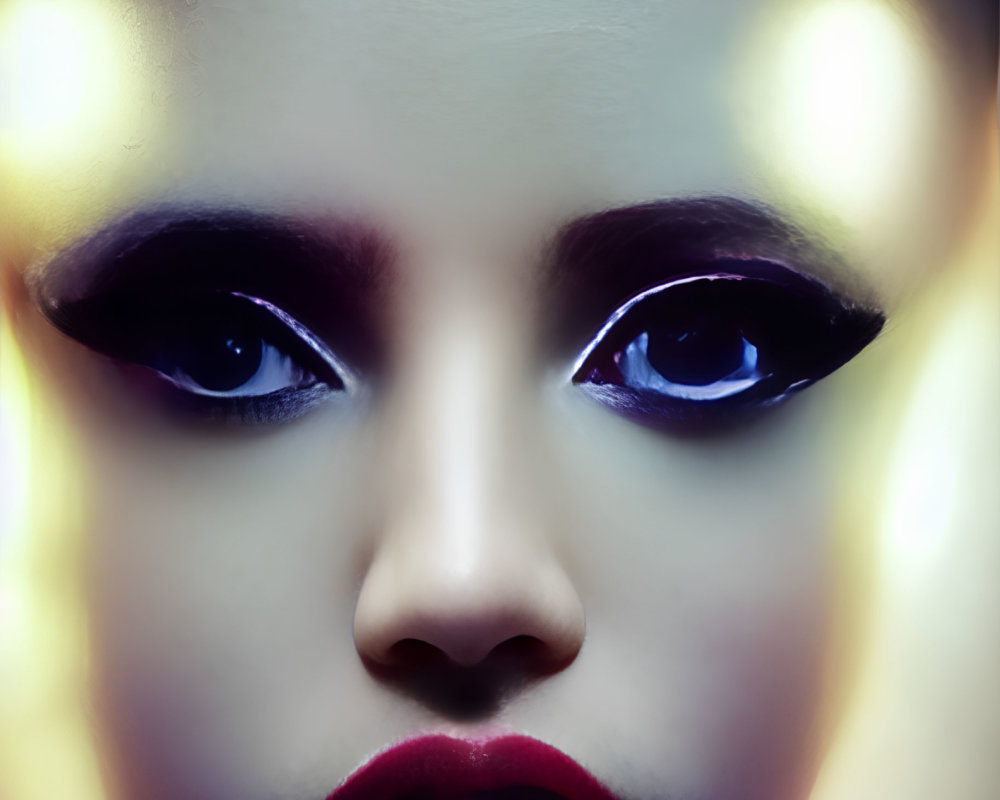 Close-up Portrait of Woman with Exaggerated Doll-Like Eyes and Dark Makeup