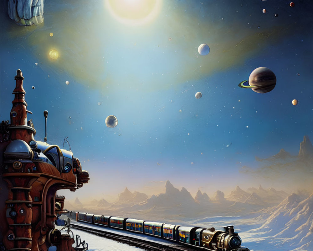 Fantastical space scene: steam train on icy planet with mountains, moons, and star-filled sky