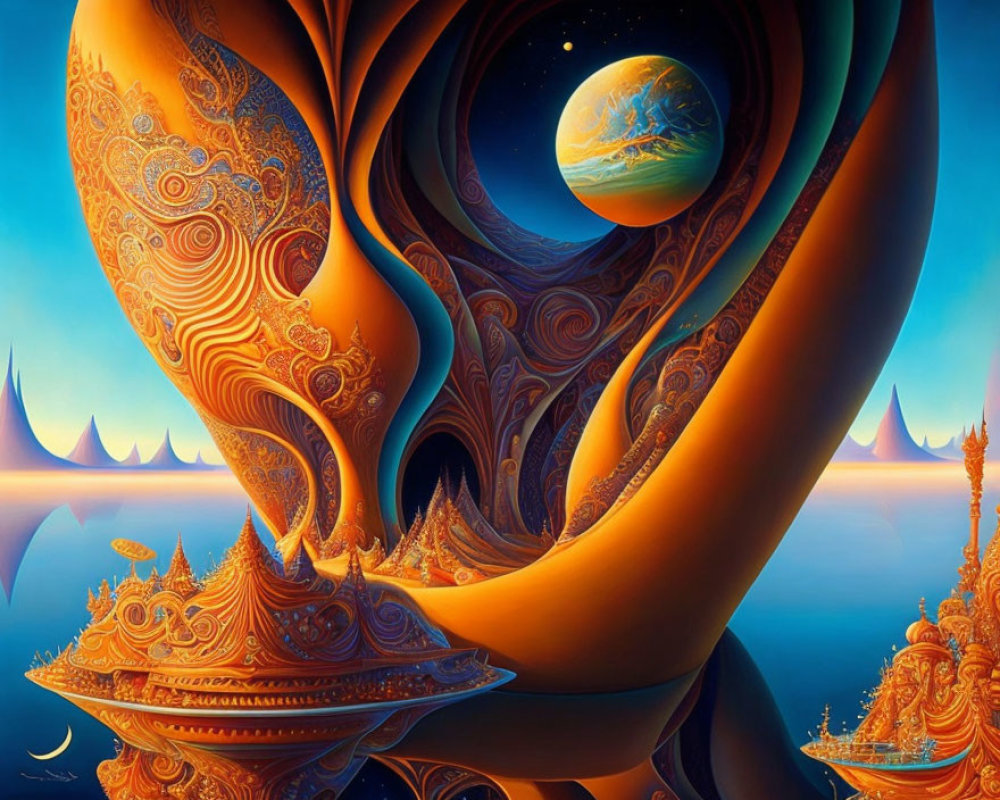 Fantasy landscape with swirls, golden patterns, spires, and distant planet.