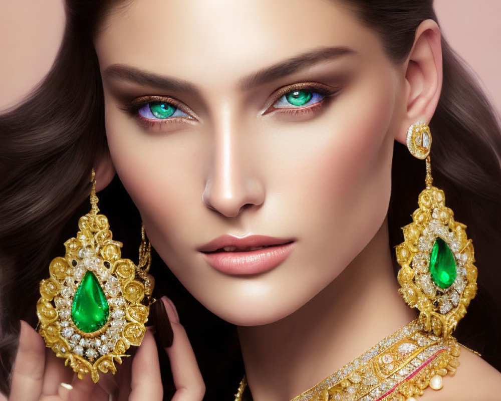 Brunette Woman with Blue Eyes in Gold and Gemstone Jewelry