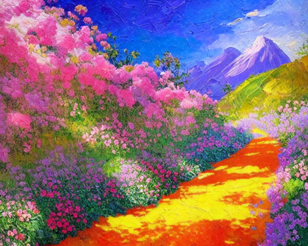 Colorful Flower Field Painting with Path, Pink and Purple Hues, Blue Sky, Mountain