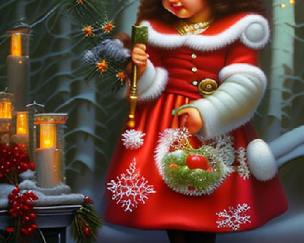 Child in Red and White Winter Dress with Sparkler and Ornaments by Candles