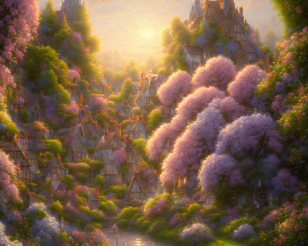 Fantasy landscape with castle, blooming trees, river, and sunset sky