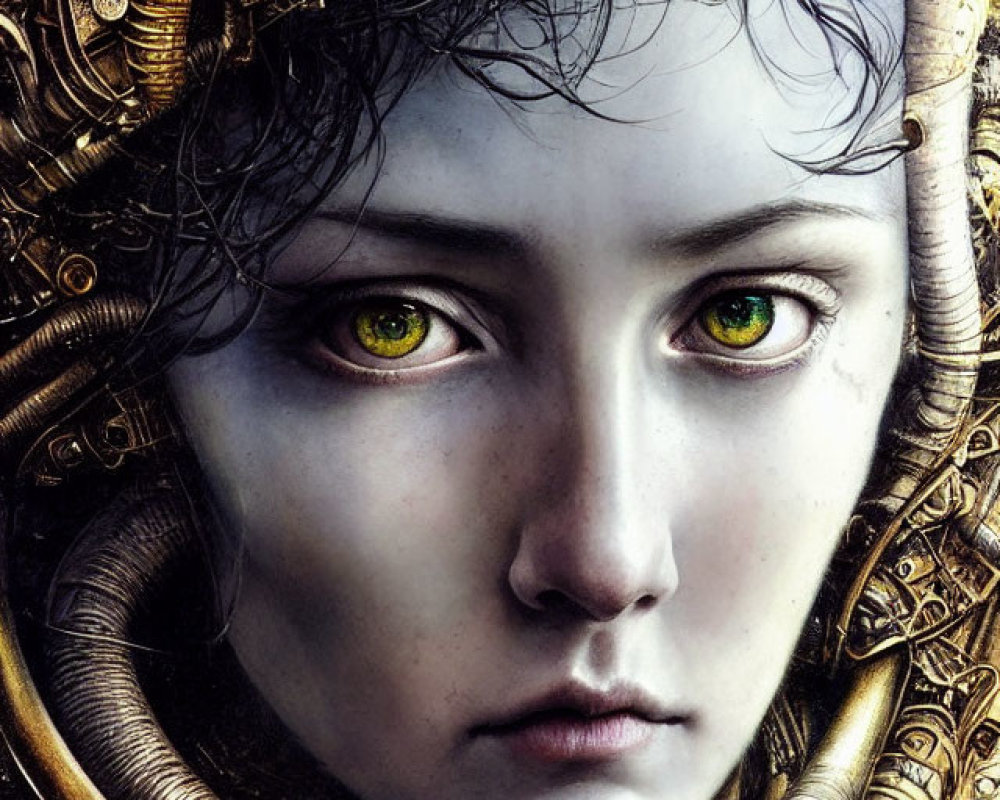 Portrait with person, green eyes, and intricate golden mechanical headpiece