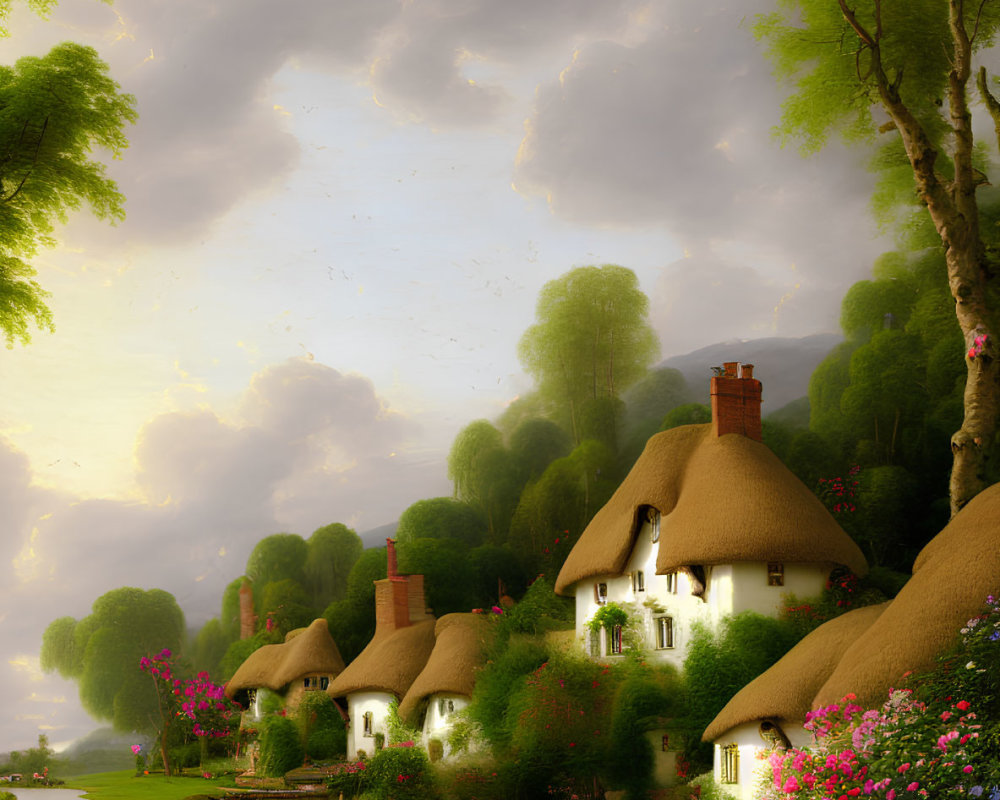 Tranquil countryside scene with thatched-roof cottages, lush greenery, colorful flowers,