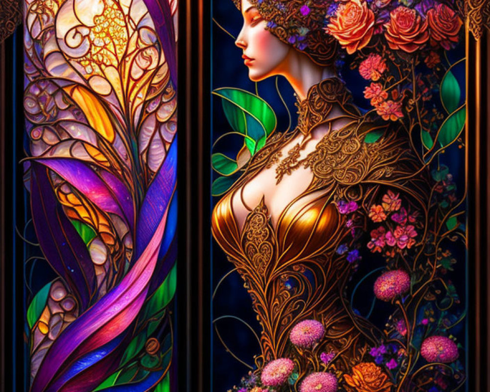 Colorful woman with floral and peacock feather motifs on stained glass backdrop