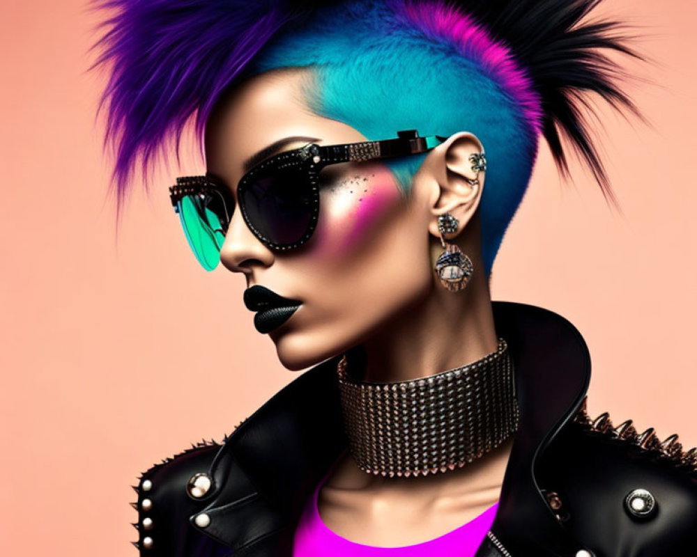 Person with punk-inspired mohawk and sunglasses on pink background