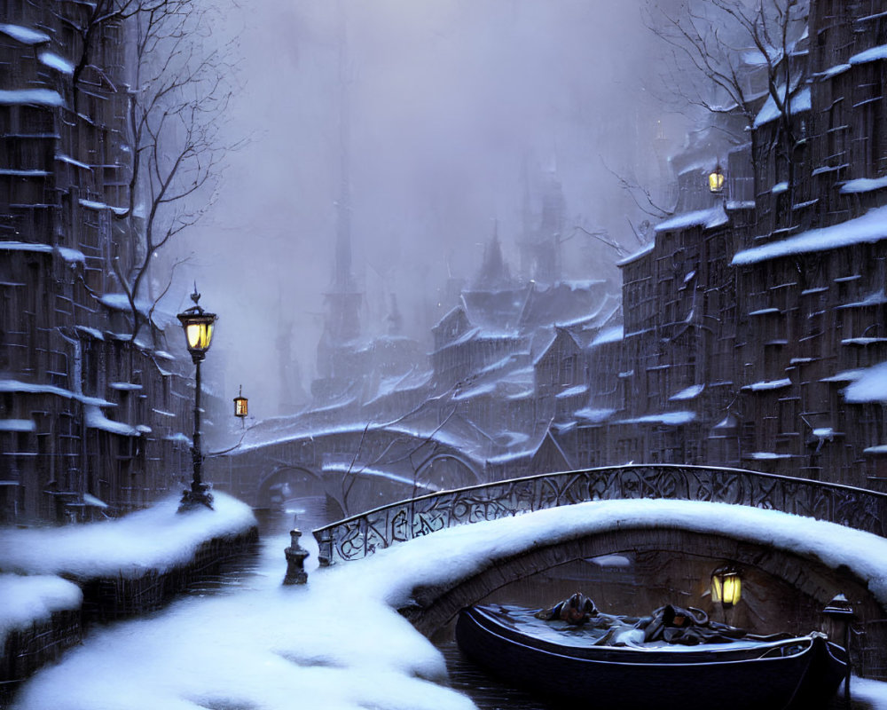 Snowy Canal Scene: Historical Buildings, Street Lamp, Boat under Bridge