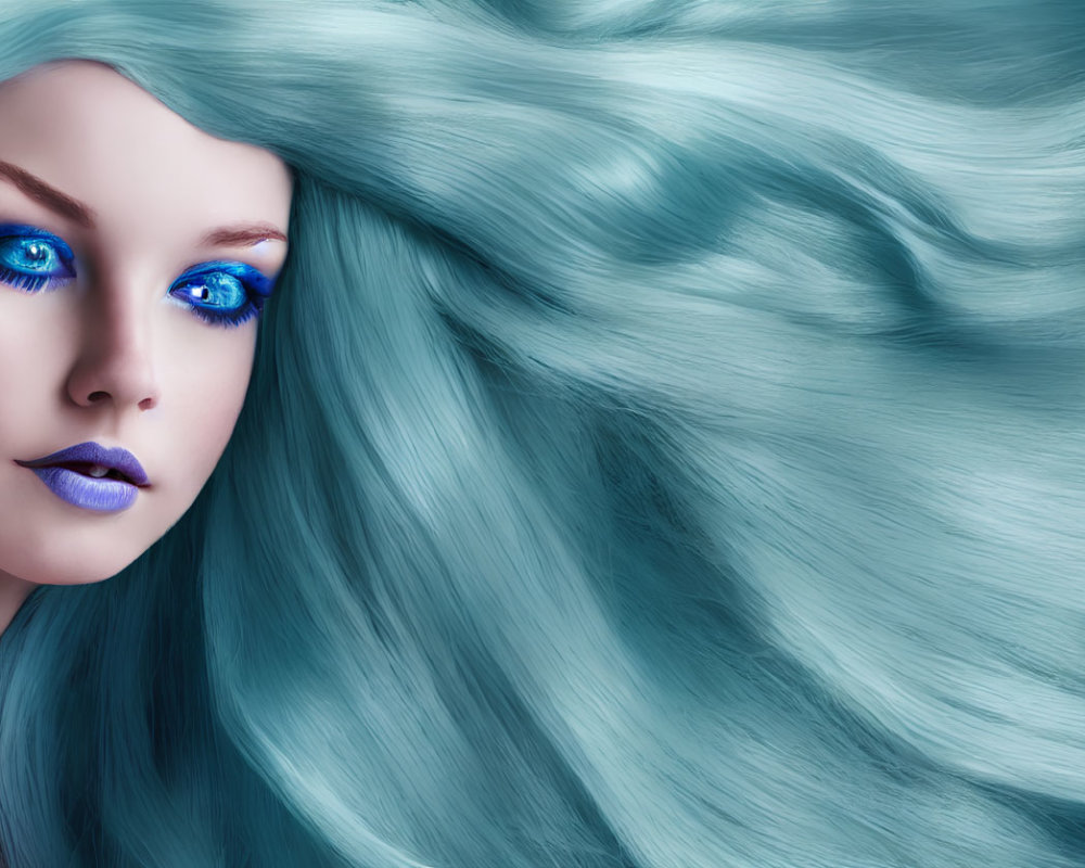 Digital Artwork: Woman with Vibrant Blue Eyes, Aqua Hair