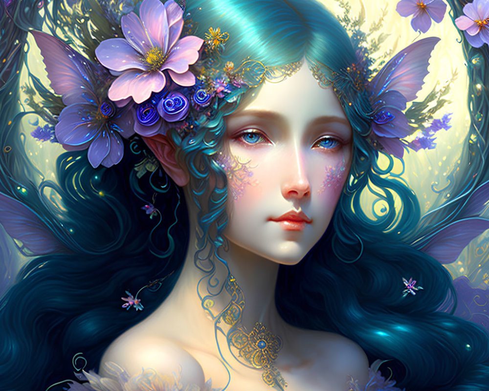 Fantastical female figure with blue hair, flowers, and butterfly wings against floral backdrop