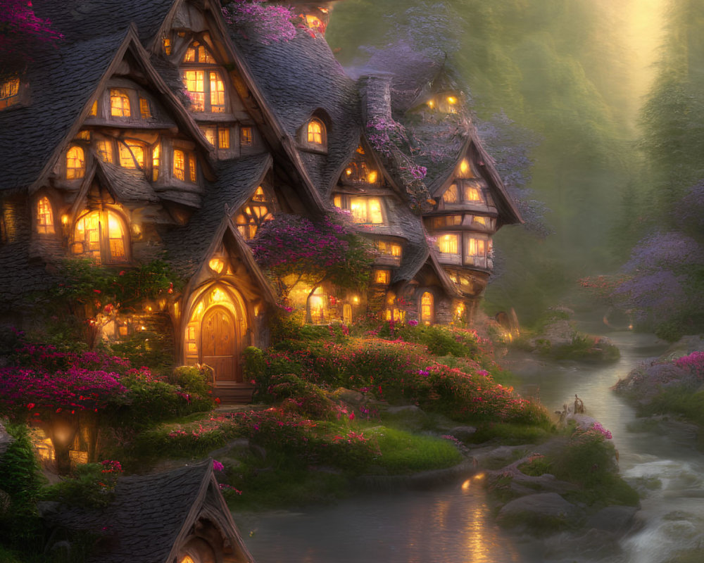 Riverside house with purple flowers and glowing windows in fairy-tale sunset