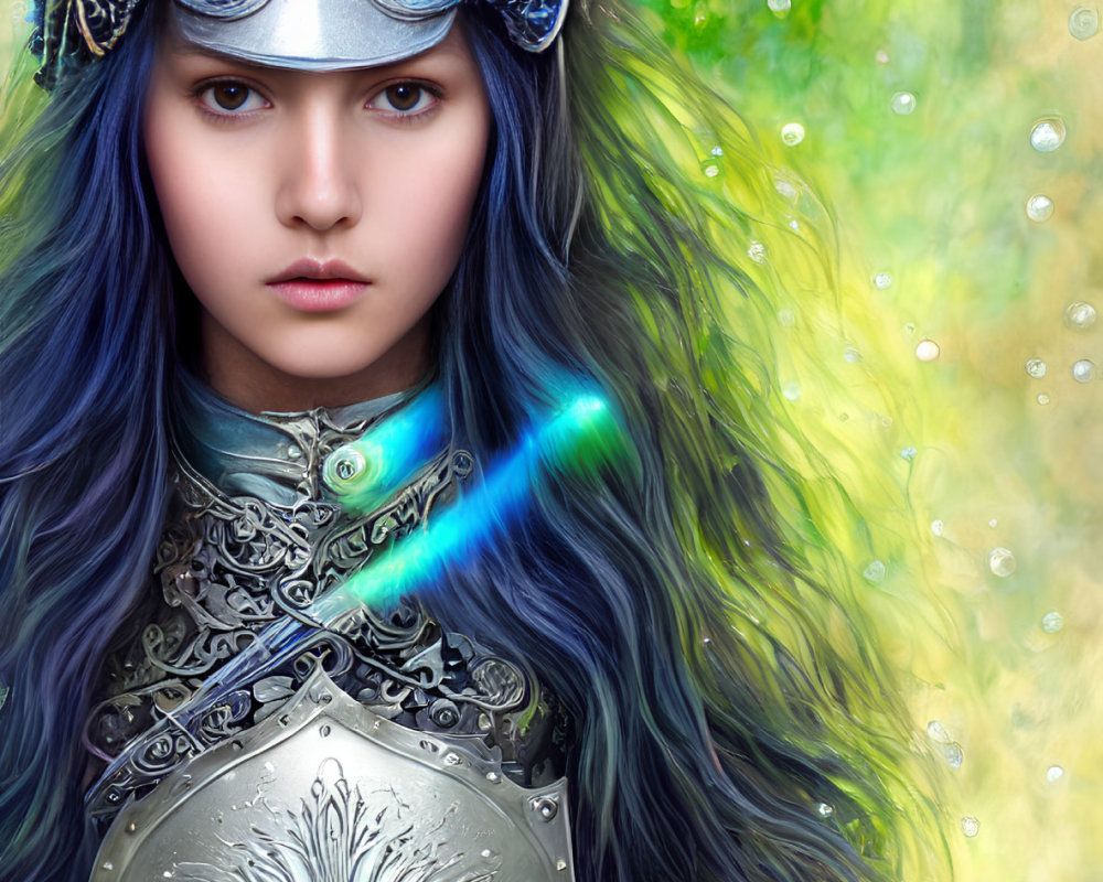 Young woman in blue hair and ornate armor with shield and winged helmet in digital illustration