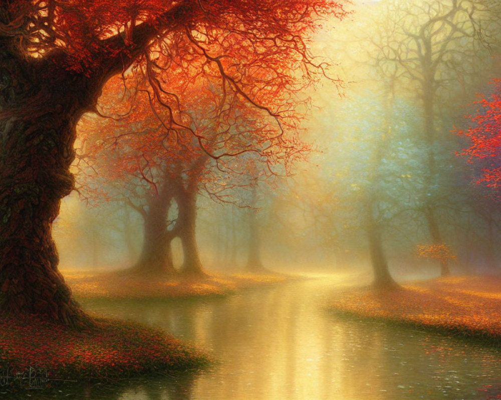 Autumn forest scene with fog, red and orange leaves, river, sunlight.