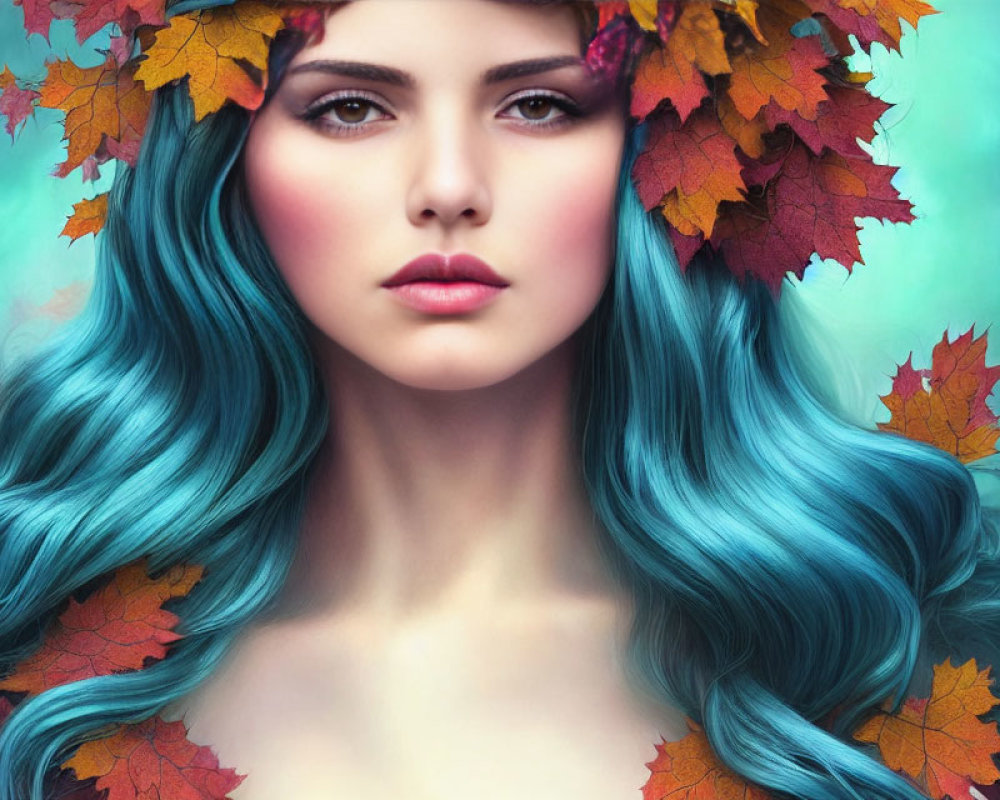 Fantasy portrait of a woman with vibrant blue hair and autumn leaves on teal backdrop