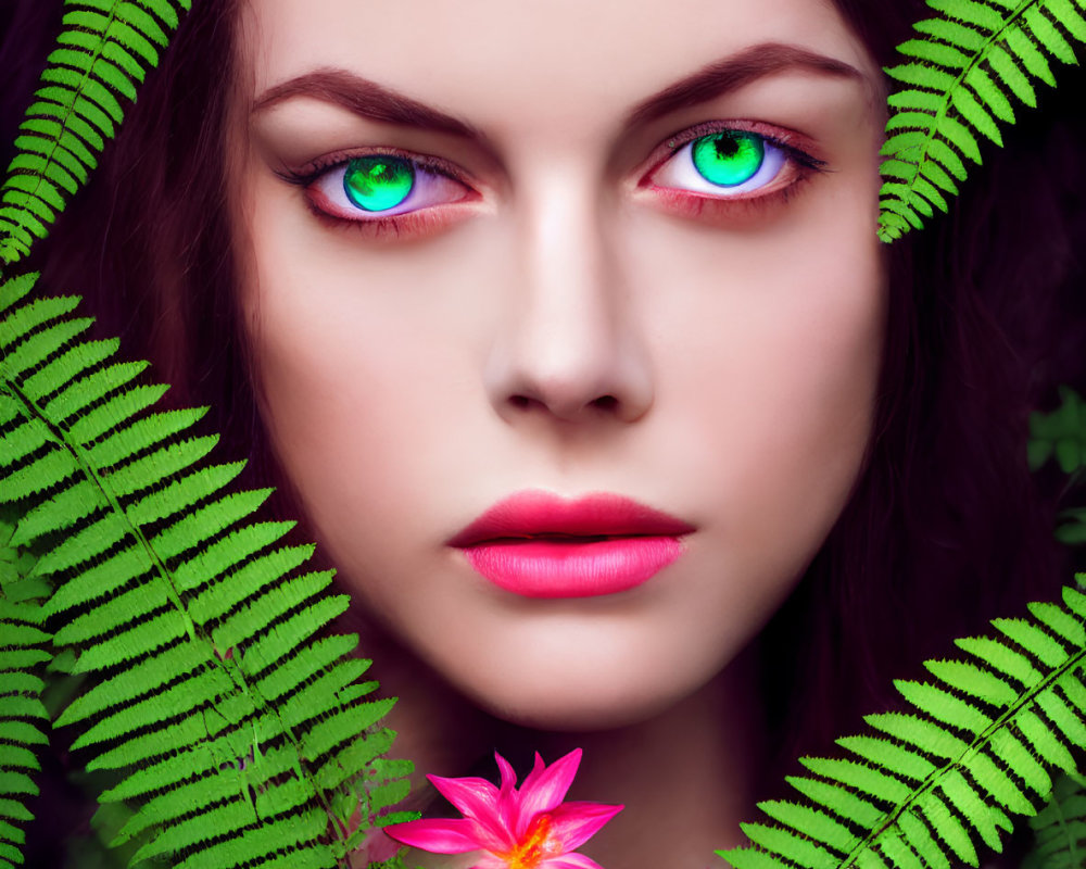 Woman with Blue Eyes and Pink Lips in Lush Green Ferns and Pink Flowers