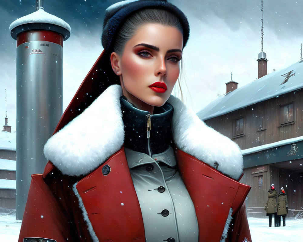 Digital Artwork: Woman in Red Coat in Snowy Village with Futuristic Elements