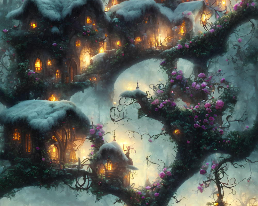 Glowing treehouses in snowy forest with blooming flowers