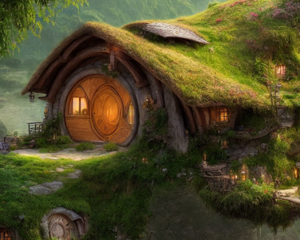 Quaint hobbit house nestled in lush hillside with round doors