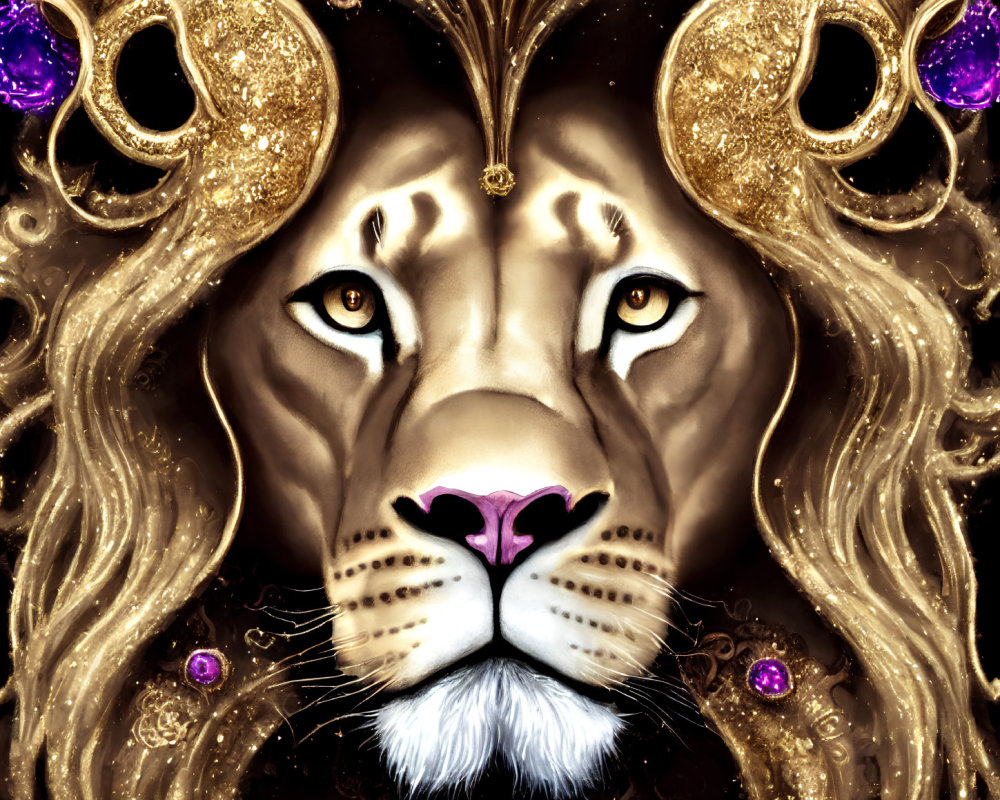 Majestic lion face with ornate gold and purple crown details