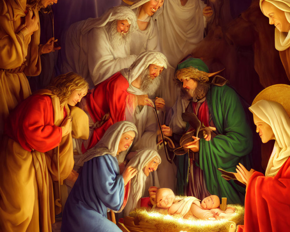 Traditional Nativity Scene with Baby Jesus, Mary, Joseph, Wise Men, Shepherds, and