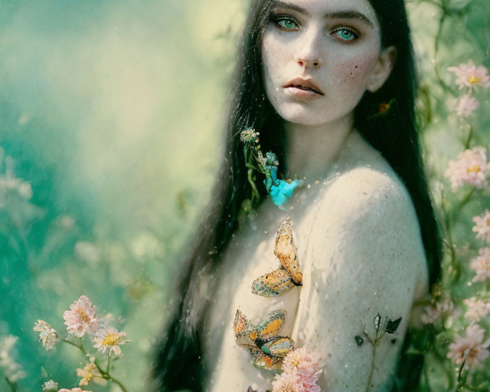 Young woman in serene botanical setting with butterflies and soft-focus backdrop