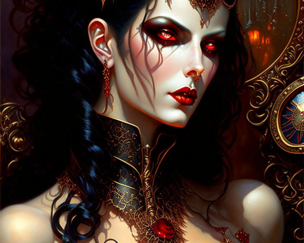 Illustration of female figure with dark hair, red eyes, horns, gold jewelry, and red gem