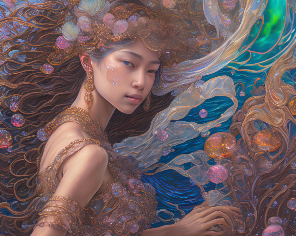 Fantastical digital artwork of a woman in swirling colors and intricate jewelry