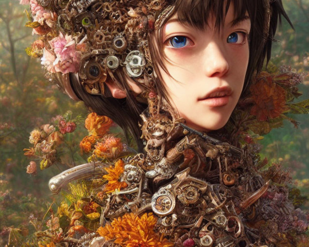 Digital art portrait of female figure with mechanical parts, vibrant flowers, and butterfly in floral setting