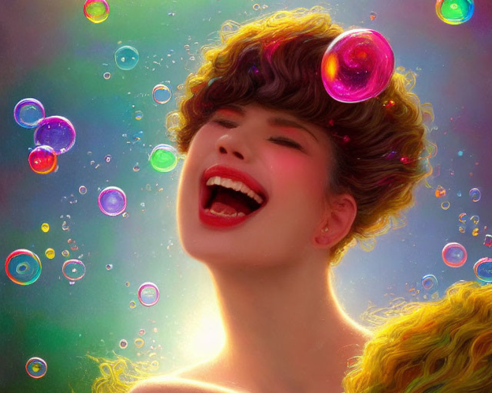 Curly-haired woman smiling surrounded by colorful bubbles on dreamy background