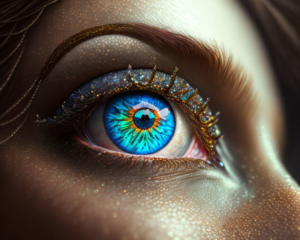 Detailed image of blue iris with golden eyelash accessory on freckled skin