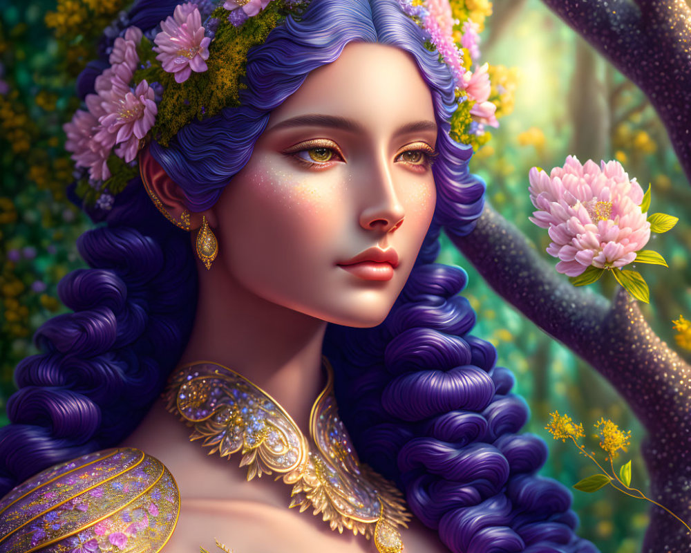 Digital artwork featuring woman with purple hair, gold shoulder piece, and floral background