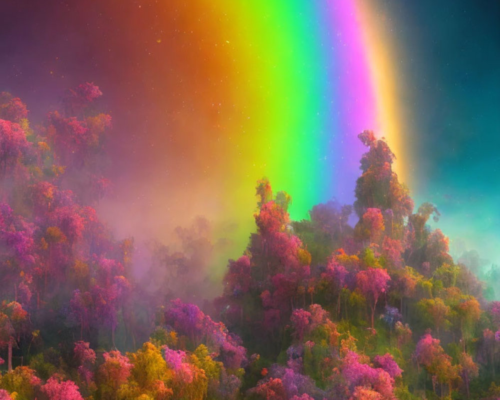 Colorful Rainbow Over Misty Forest with Pink and Purple Foliage