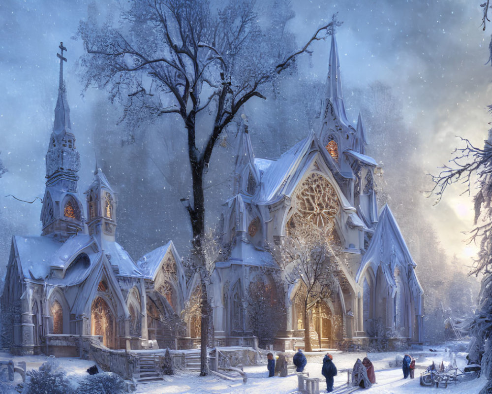 Snow-covered Gothic church in serene winter scene