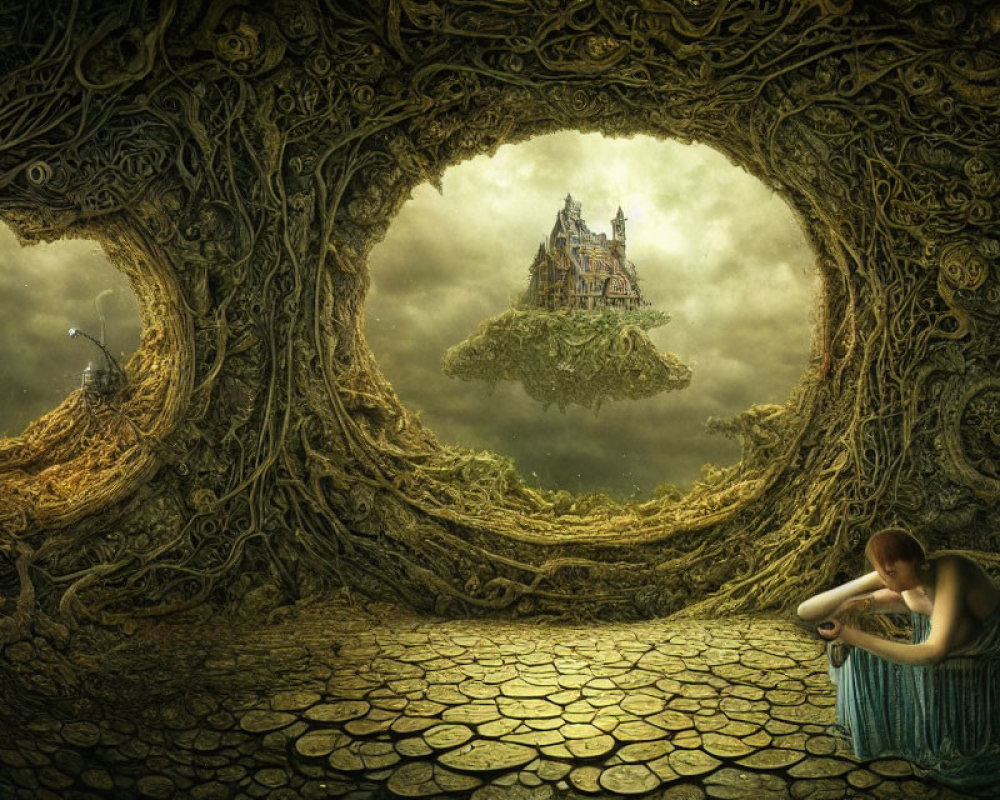 Person sitting in surreal room with organic walls, gazing at floating castle through circular opening