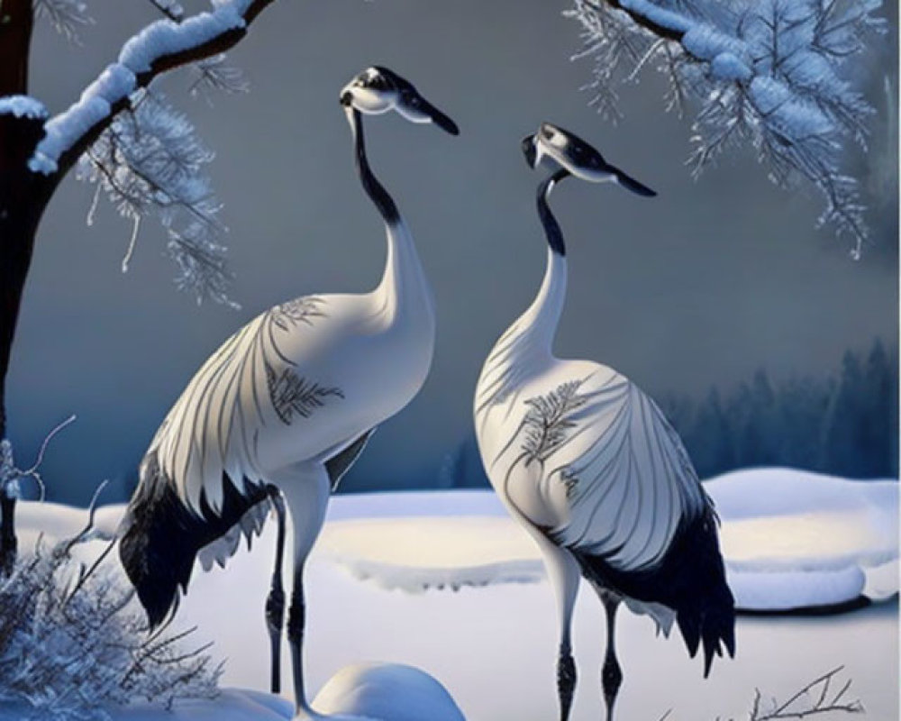 Snowy landscape with frosted tree and two cranes at dusk or night