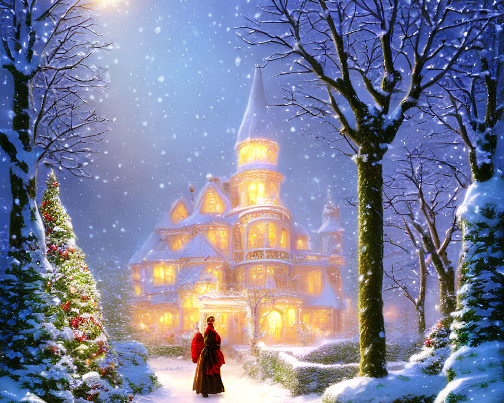 Person in Red Cloak Walking to Snow-Covered House at Night